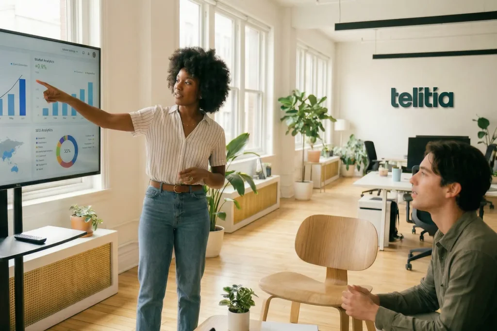En kvinna presenterar marknadsföringsstatistik och grafer på en stor skärm för en kollega i ett ljust kontor.
