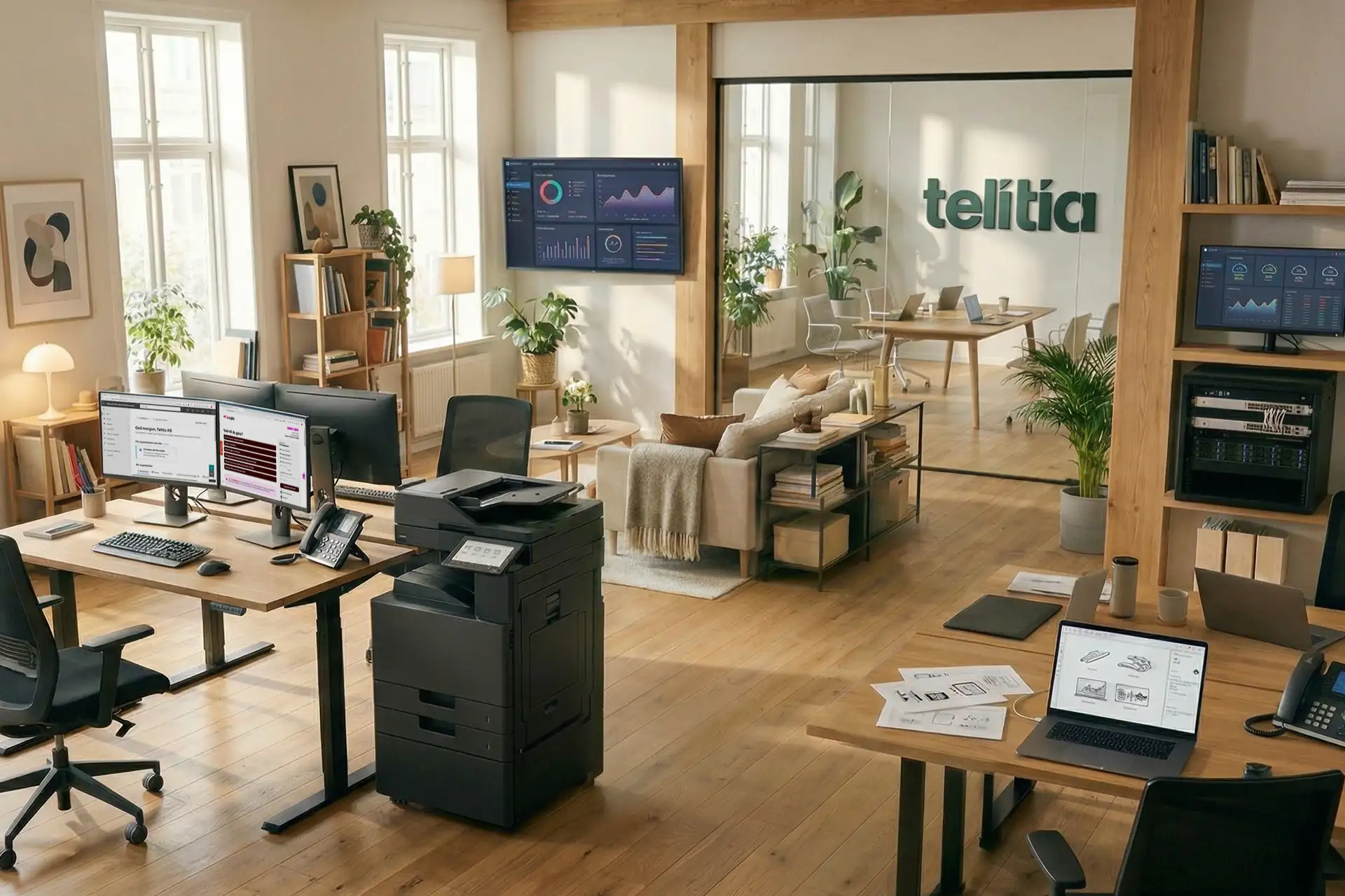 Ett rymligt och ljust kontor med trägolv, flera arbetsstationer, en stor skrivare och Telitia-logotypen på en vägg.