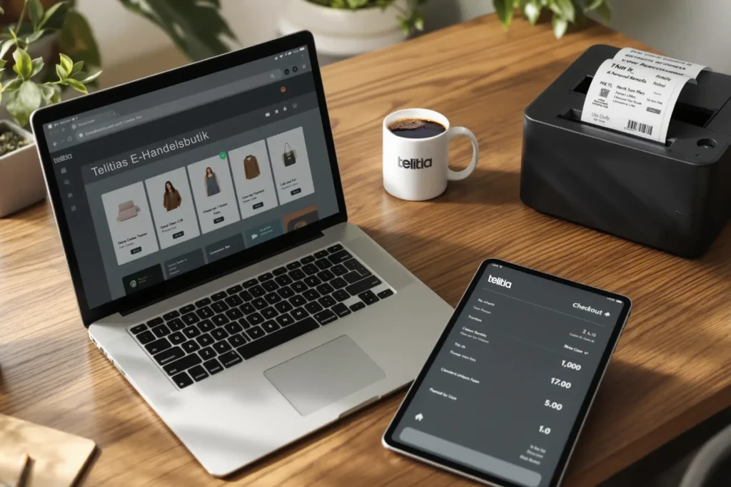 En bärbar dator visar Telitias e-handelsbutik bredvid en kaffekopp och en svart kvittoskrivare på ett skrivbord i trä.