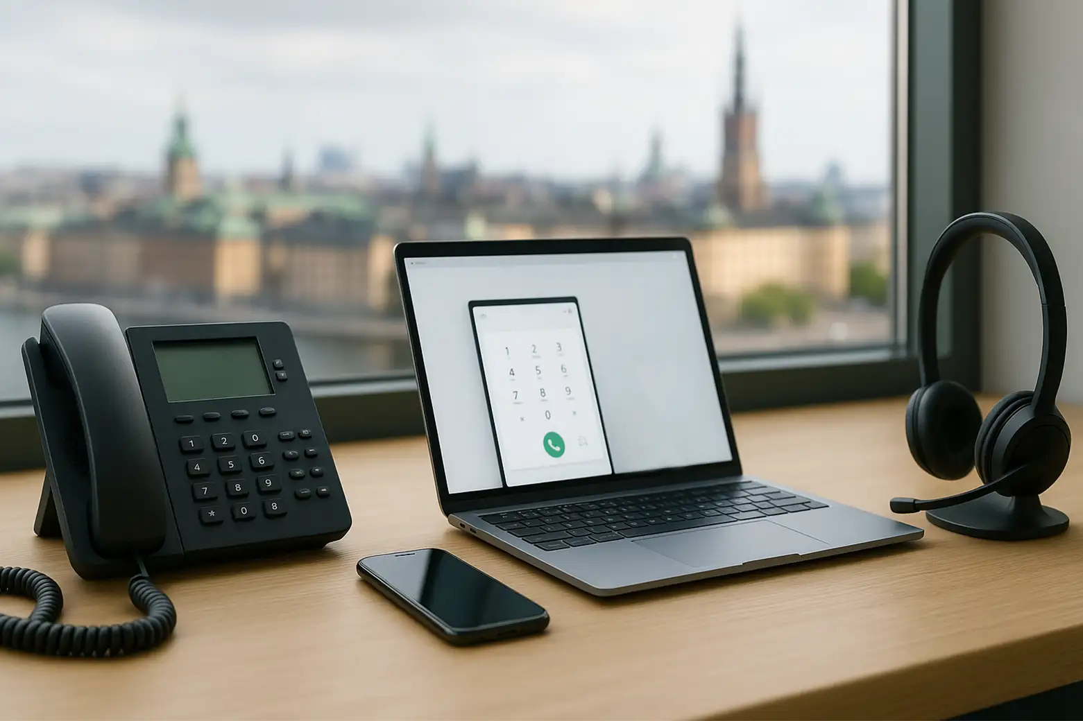 En svart IP-telefon, en bärbar dator med en knappsats på skärmen bredvid ligger en mobiltelefon och ett headset på ett skrivbord med utsikt över Stockholms skyline.