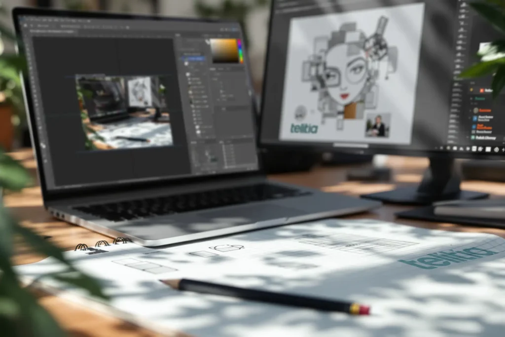 En närbild på en skissbok med logotypidéer och en penna, framför två skärmar som visar Adobe Photoshop och grafisk design.